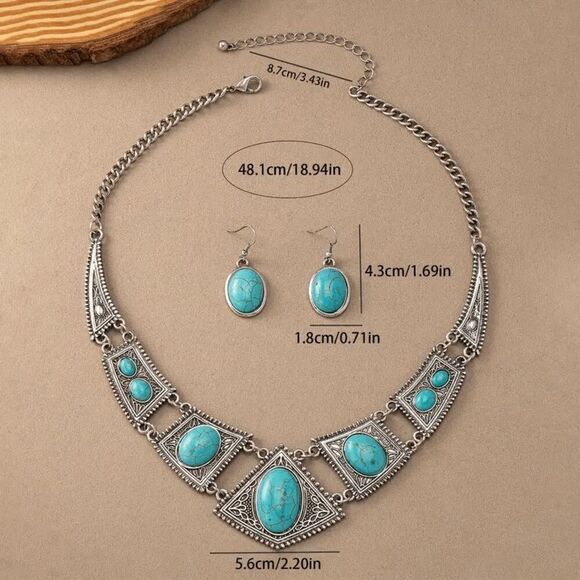 Western Boho Turquoise Silver Necklace and Earring Set - Picture 4 of 5